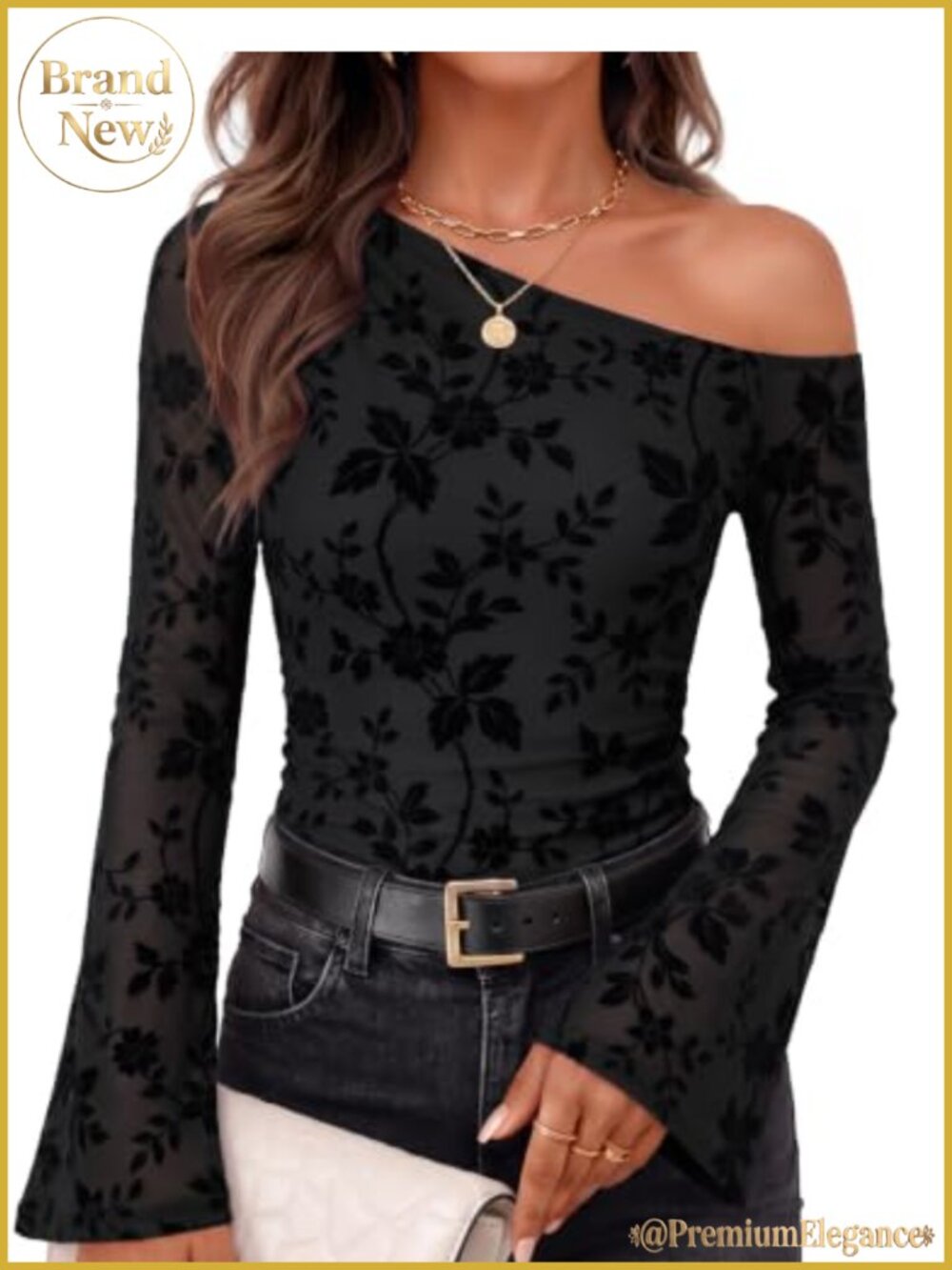 Asymmetrical One Shoulder Floral Bell Sleeve Blouse Slim Fit Women's Top